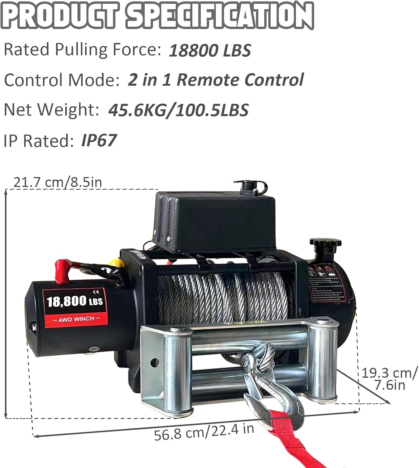 18800 Lb 12v Electric Winch with Wireless Remote, Heavy-Duty Truck & SUV Winch Kit, 78 Ft Synthetic Rope, Aluminum Hawse Fairlead