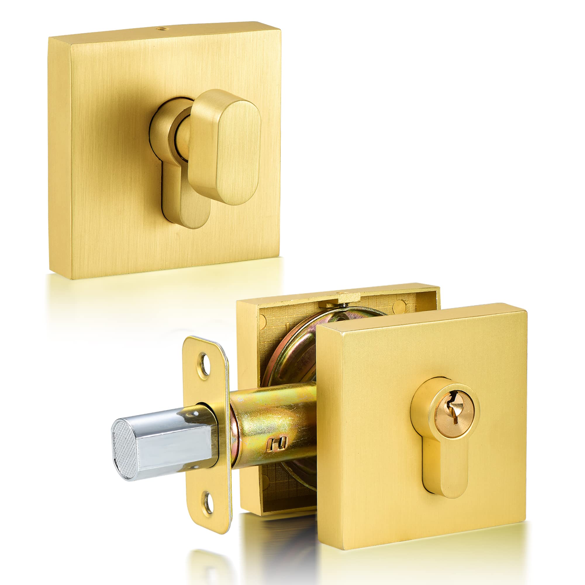 Square Satin Brass Deadbolt Door Lock Set with Single Cylinder,Modern Contemporary Keyed Gold Deadbolt for Front Entry Door