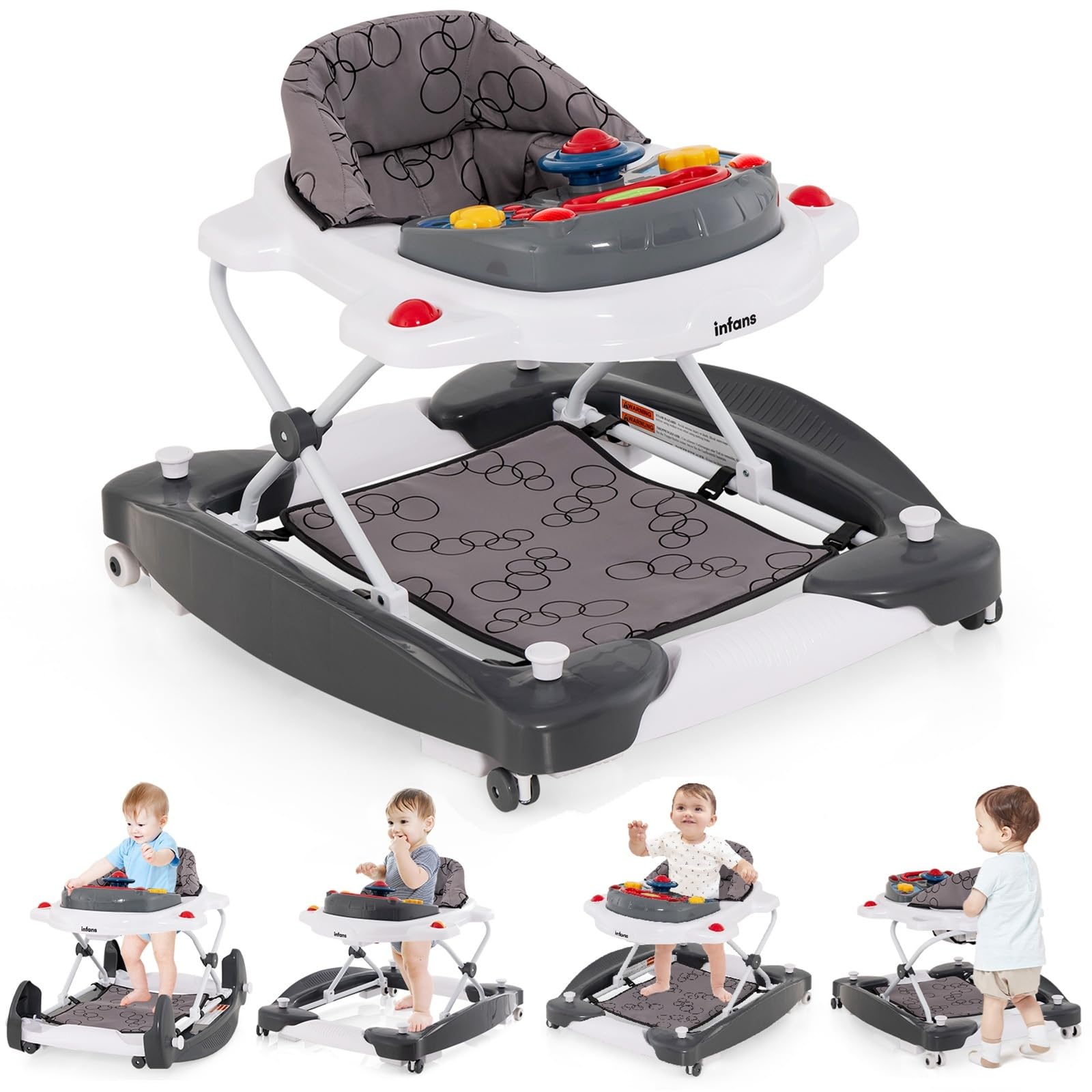 Andador para bebé INFANS 5 en 1, mecedora de aprendizaje con bandeja de música extraíble, altura ajustable, cojín de asiento lavable, centro de actividades plegable para niños pequeños, color gris