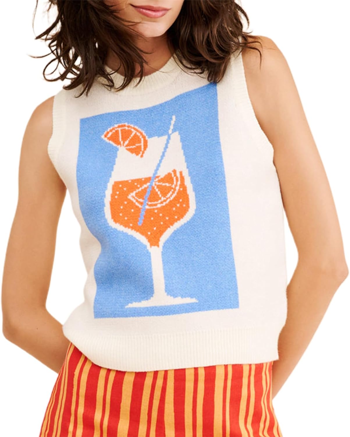 Women Y2k Graphic Sweater Vest Contrast Color Sleeveless Lobster Sweater Top Cute Crew Neck Knitted Tank Top
