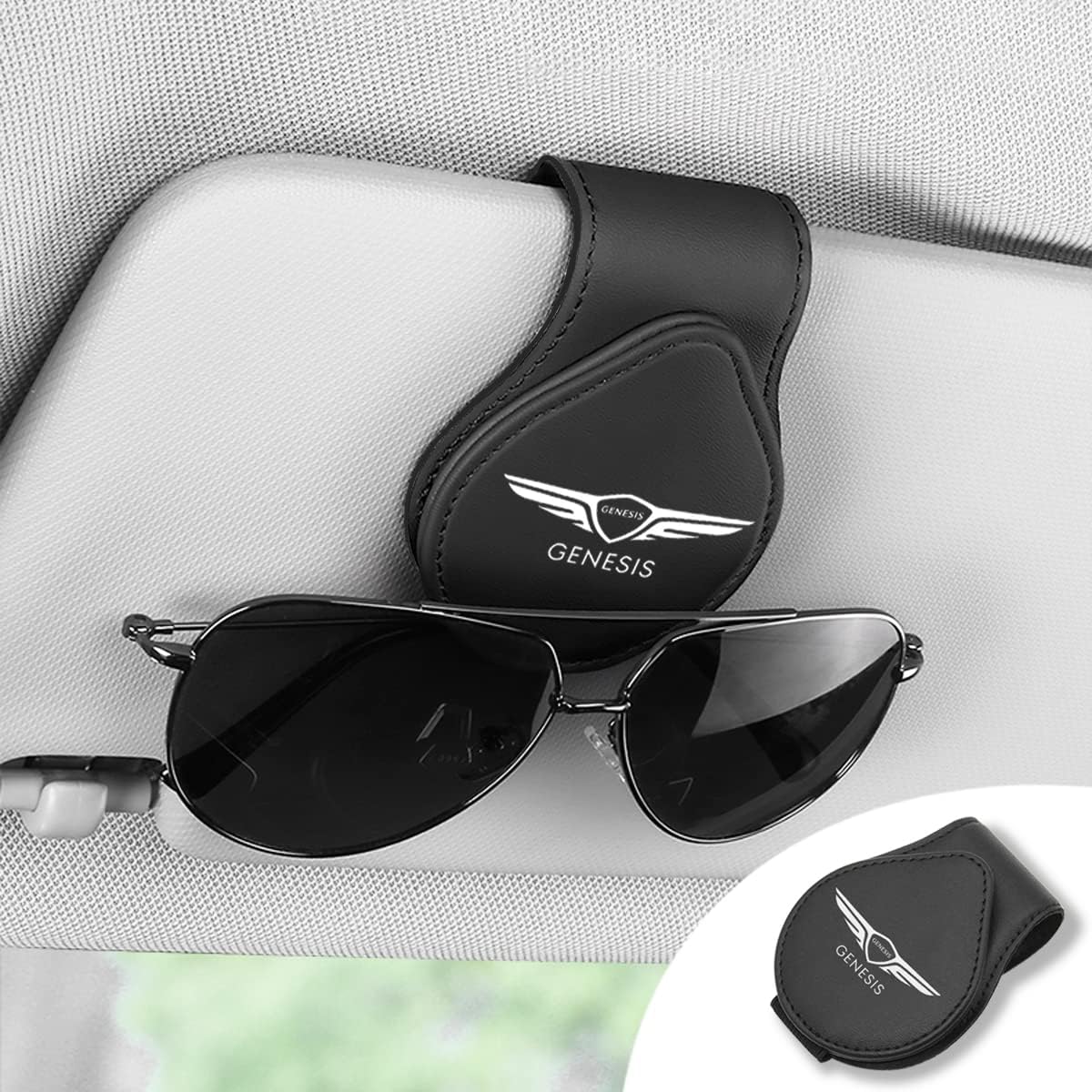 ERDONE Fit Genesis Sunglasses Holder Clip for Car Sun Visor Leather Glasses Hanger Clip with Hidden Magnetic Closure for Genesis Accessories (FitGenesis)