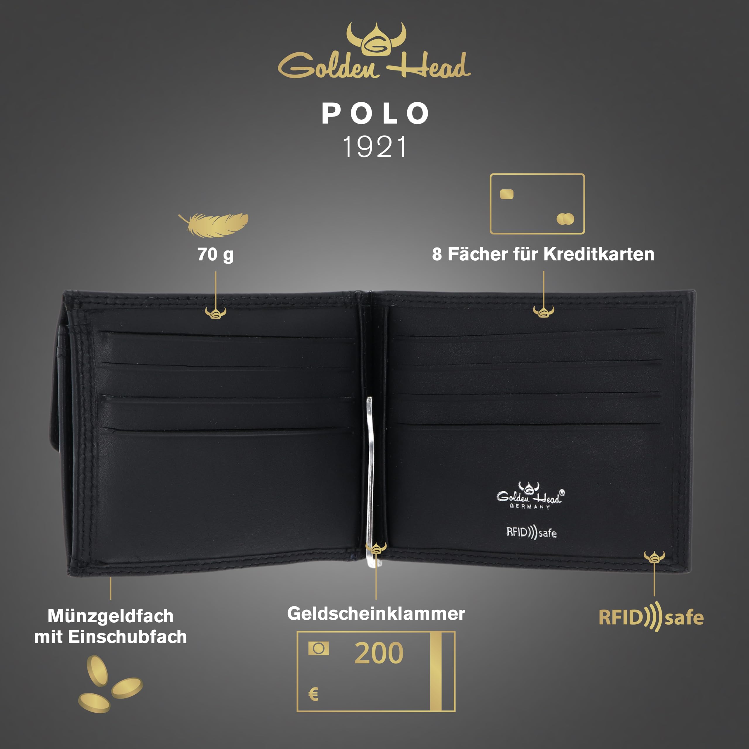 Golden Head Leder Geldbörse Geldklammer Polo RFID Protect Clip-Scheintasche 1921 Schwarz