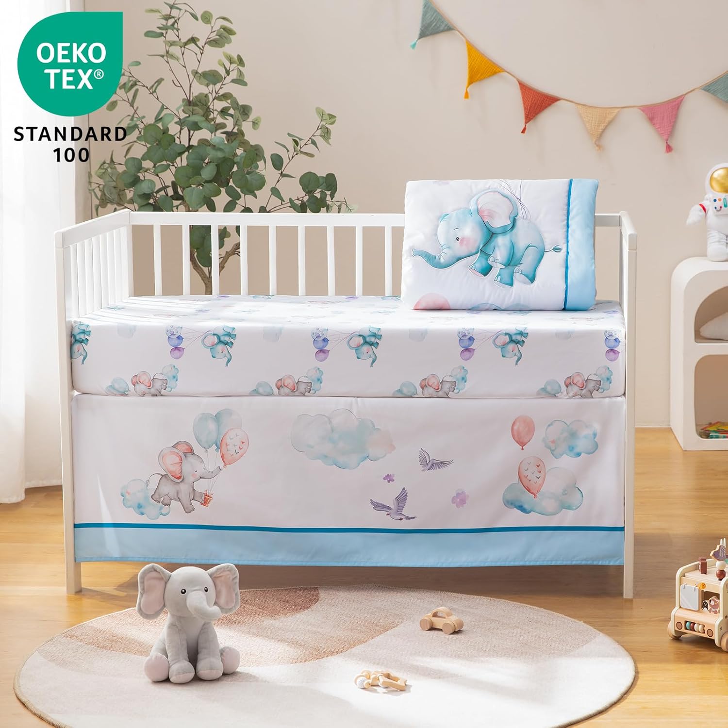 4 Pieces Crib Bedding Set for Baby Boys Girls, Infant Toddler Nursery Baby Bedding Sets Includes Cartoon Quilt, Fitted Crib Sheet, Crib Skirt and Plush Elephant Toy