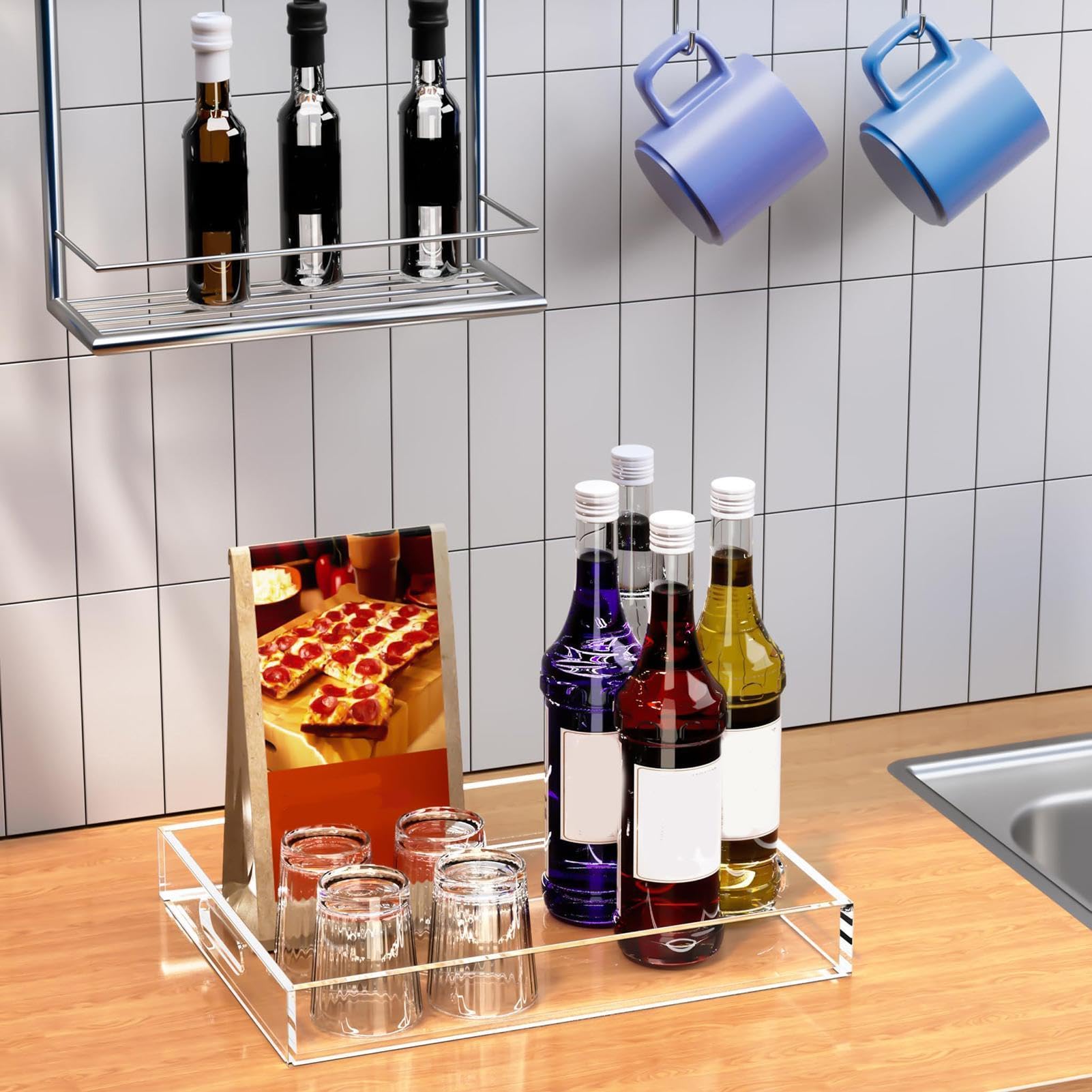Bandeja de Servicio Transparente 2 Piezas Grandes Claras a Prueba de Fugas | Bandeja de Servicio Antideslizante de Acrílico Para baño, cocina, cafetería, comedor, postres