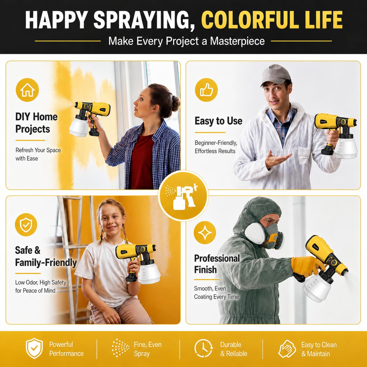 Pulverizador de pintura de alta potencia de 1000 W, pistola de pintura eléctrica HVLP con perilla de ancho ajustable, 4 boquillas y 3 patrones, fácil de limpiar para muebles, interior del hogar
