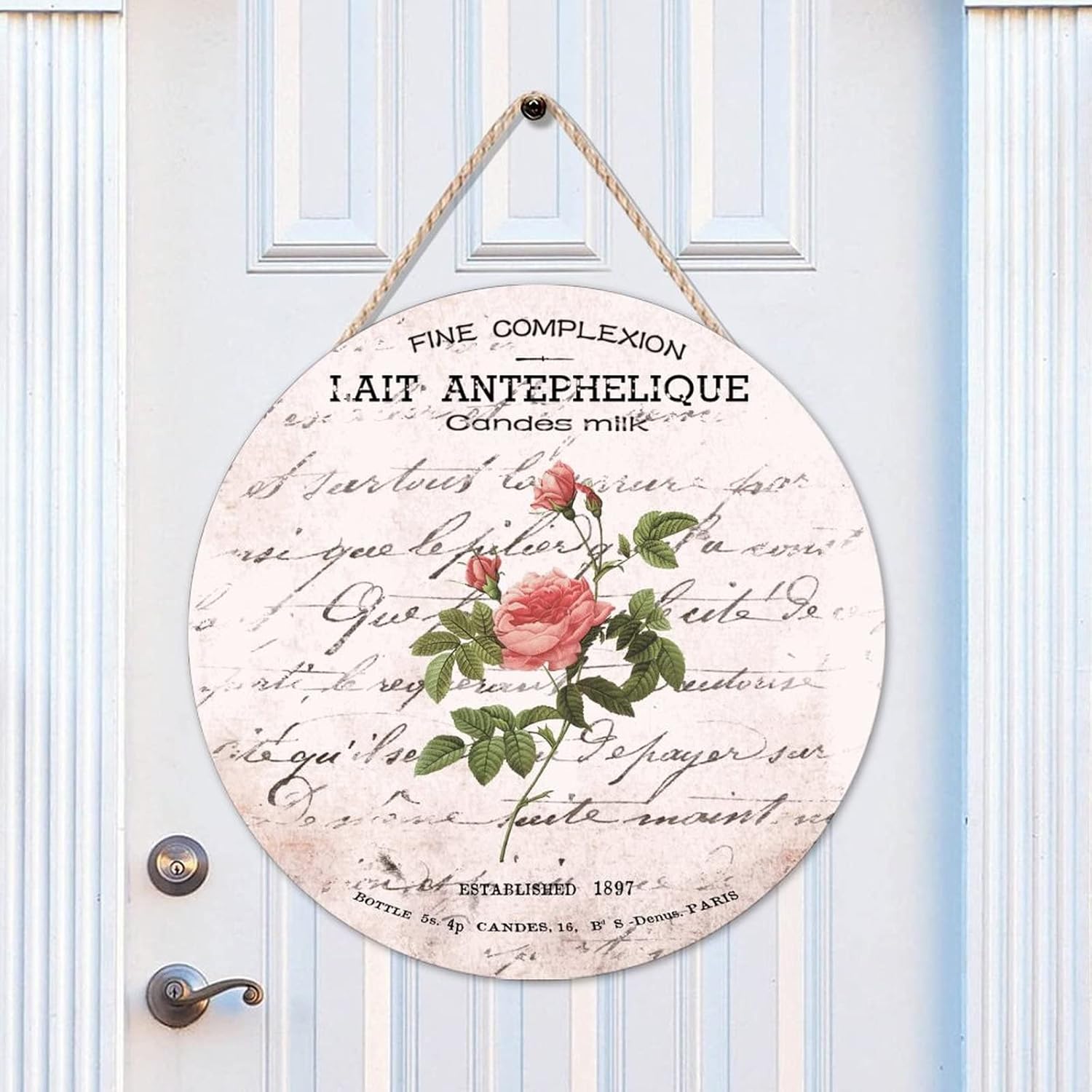 Rustic Front Door Round Wood Sign, French Vintage Flower Wood Door Sign, Vintage 16x16in Wall Hanging Sign Plaque Decor for Outdoor Front Porch Farmhouse Housewarming Gifts