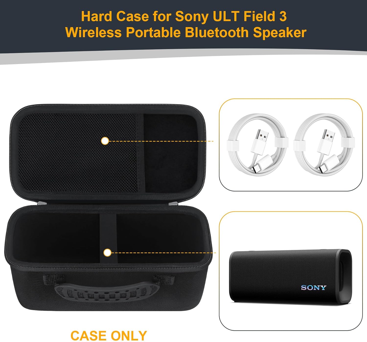 RAIALL Hard Travel Case for Sony ULT Field 3 Wireless Portable Bluetooth Speaker, Sony ULT Field 3 Protective Carrying Storage Bag, Extra Mesh Pocket for Shoulder Strap and USB Cable, Black - Image 3