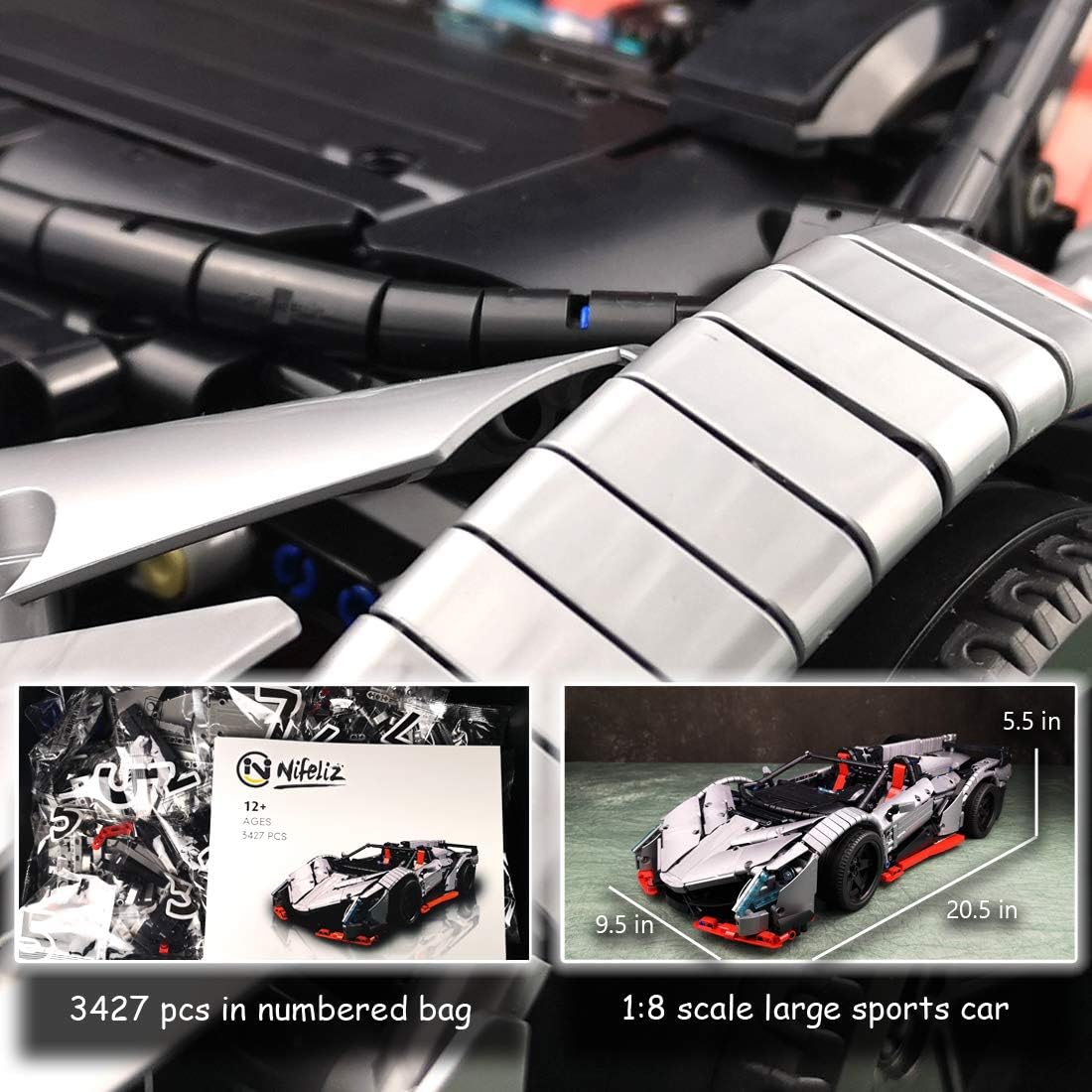 Nifeliz Racing Car Veno MOC Building Blocks and Engineering Toy, Adult Collectible Model Cars Set to Build, 1:8 Scale Silver Race Car Model (3427 Pcs) : Toys & Games