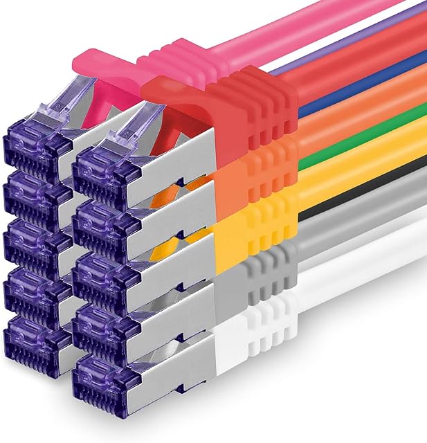 1aTTack.de Cat.7 Lan ethernet cable 0,5m - 10 Colors Set - Cat7 lan network 10GBASE-T - 10000 Mbps (Sftp Pimf) double shielded patchcable RJ45 plug Cat.6a