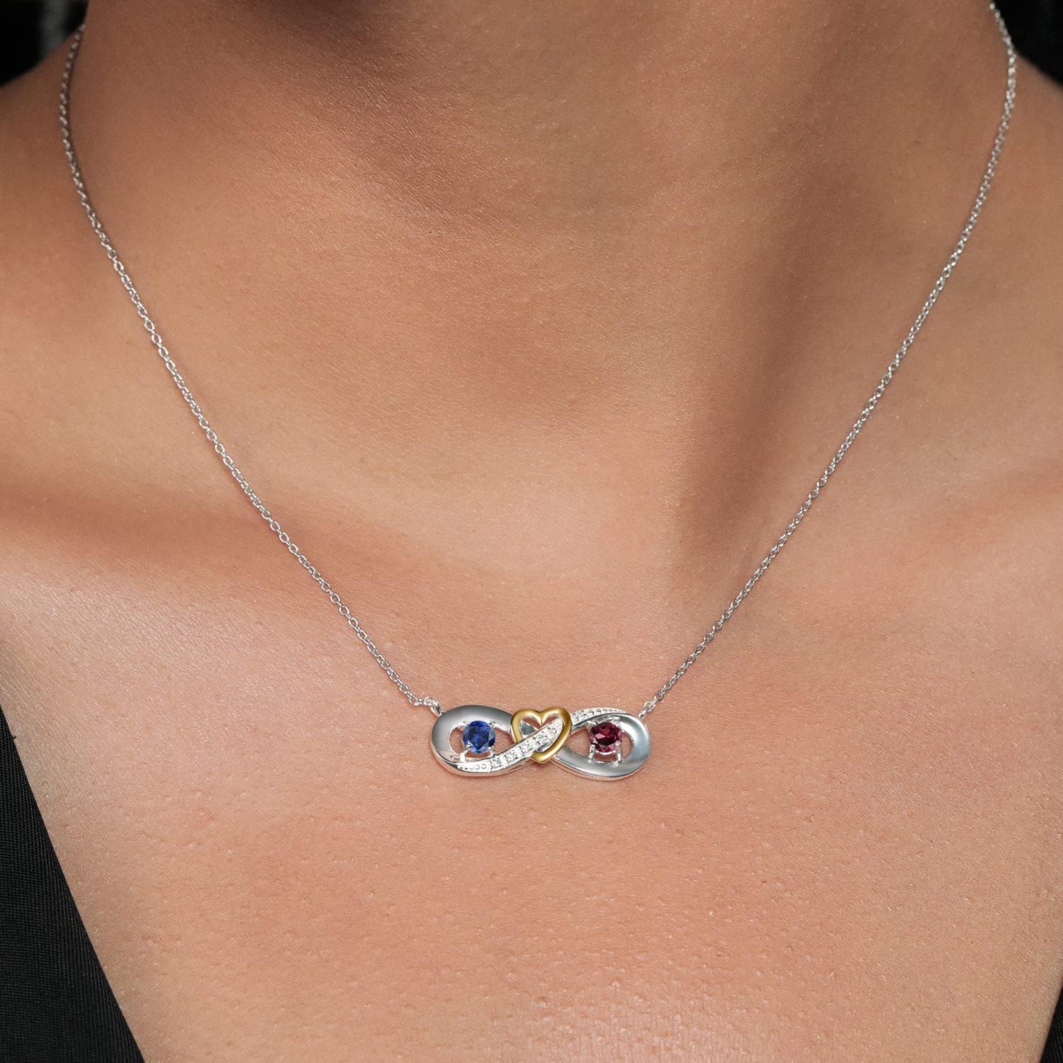 Gem Stone King 0.68 Ct Blue Created Sapphire Red Rhodolite Garnet 925 Silver and 10K Yellow Gold 2-Tone Heart Interlocking Infinity Symbol Lab Grown Diamond Pendant Necklace For Women with 18 Inch