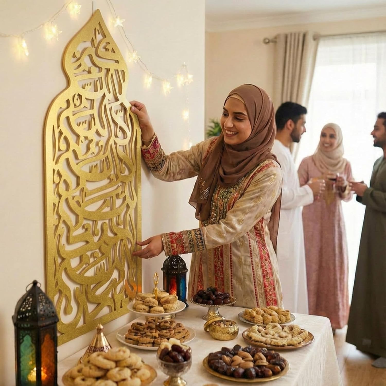 Pelopy Large 36 Inch Eid Al Adha Decorations Metal Islamic Wall Art Allah Wall Style Decor Mihrab Dome Design Islamic Prayer Room Decor Eid Mubarak Gifts Arabic Calligraphy Decorations