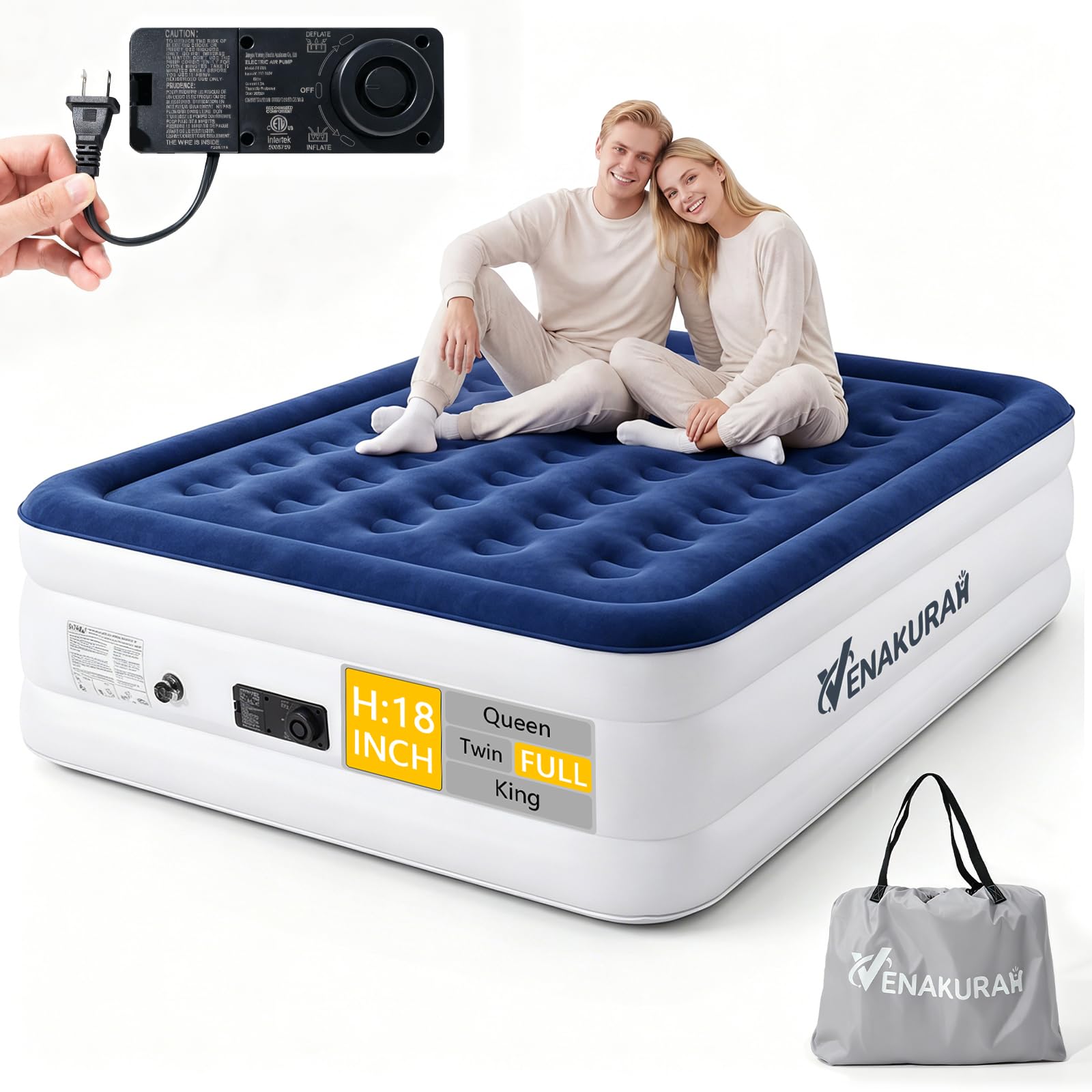 Full Air Mattress with Built in Pump, 18" Full Size Inflatable Mattress