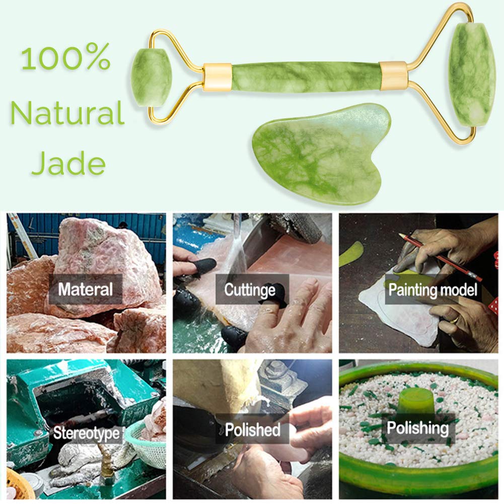 Gua Sha Facial Tools Set and Jade Roller for Face, Jade Roller, DSENFURN 100% Real Natural Stone Beauty Jade Facial Roller Massage Tool for Face Eyes Neck Body – Anti Aging Beauty Treatment