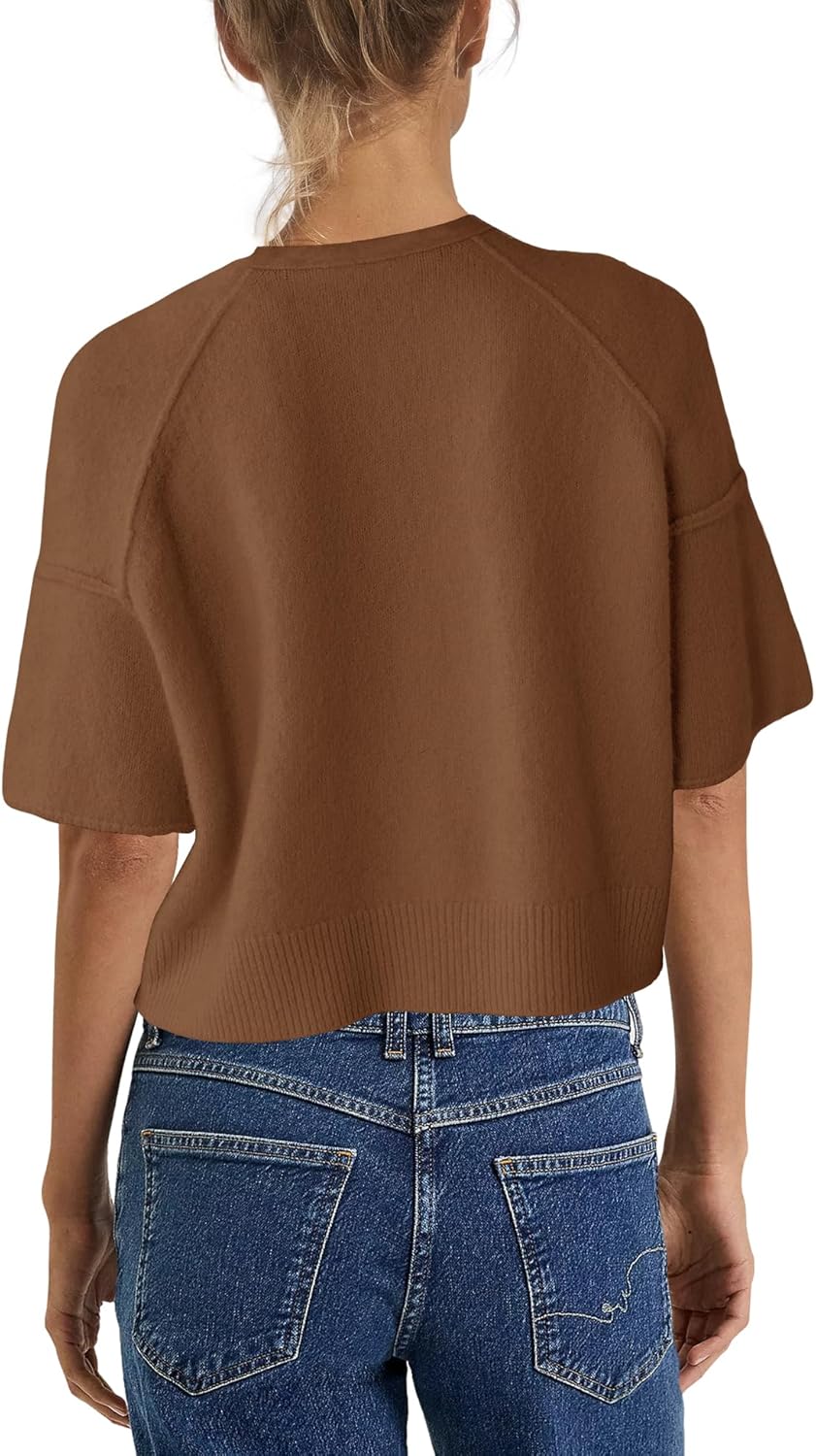 Nirovien Womens Casual Short Sleeve Cardigan Lightweight Button Down Knitted Sweater Crew Neck Cropped Tops - Image 3