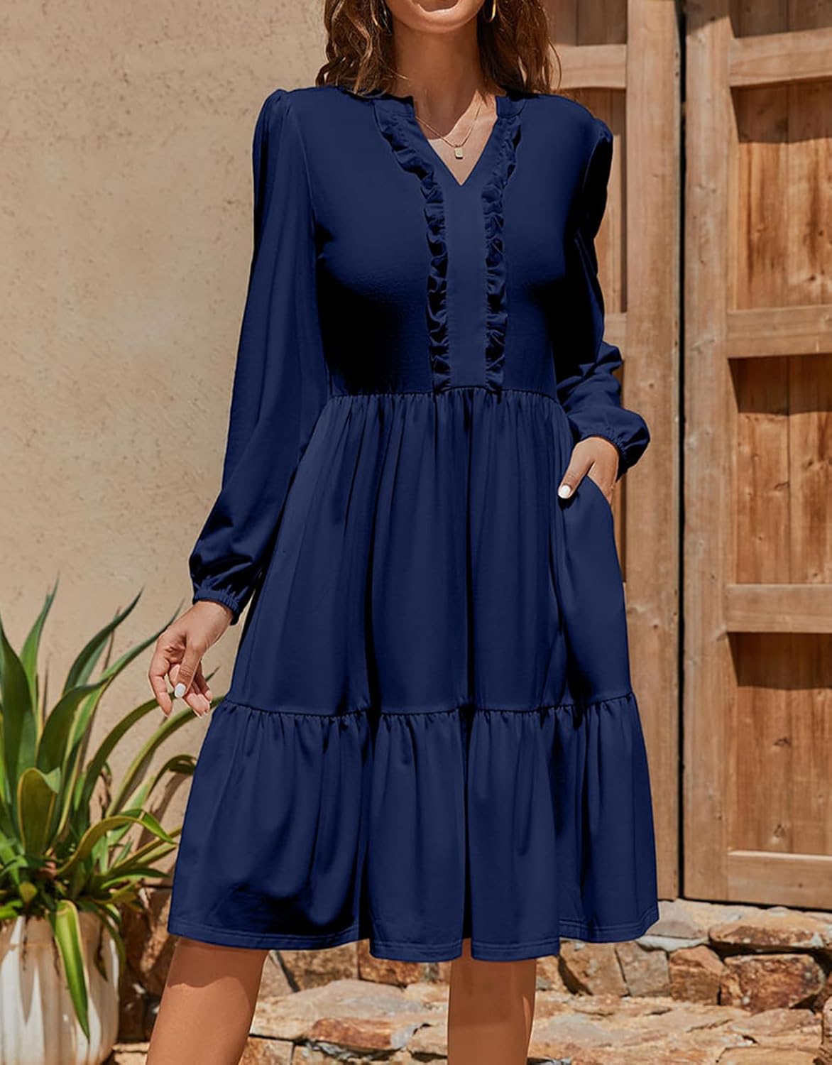 Womens Fall Boho Dresses 2025 Lightweight Long Sleeve Ruffle V Neck Tiered Boho Vacation Long Dresses with Pockets - Image 6