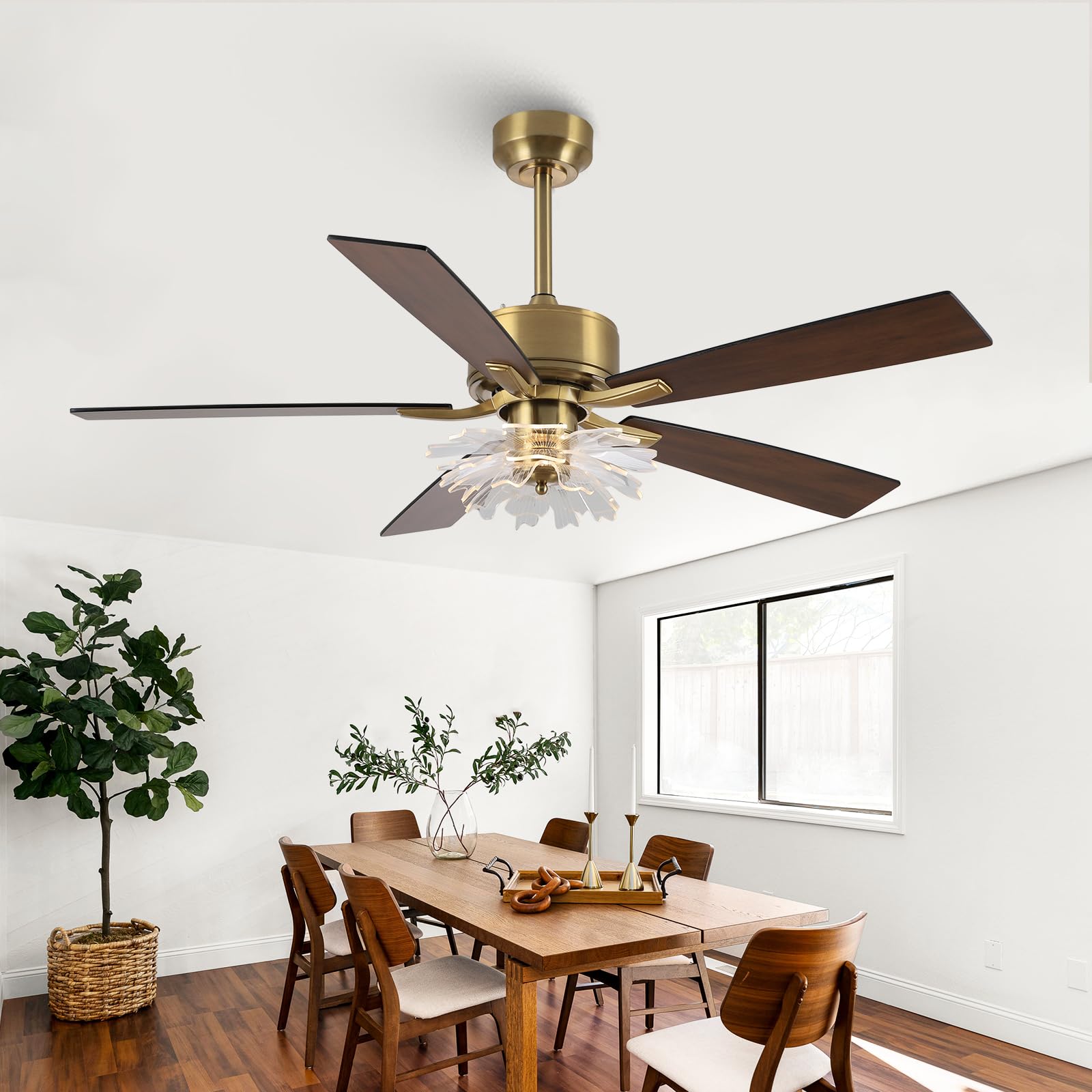 52 Inch Gold Ceiling Fans with Lights and Remote, PS Petal Crystal