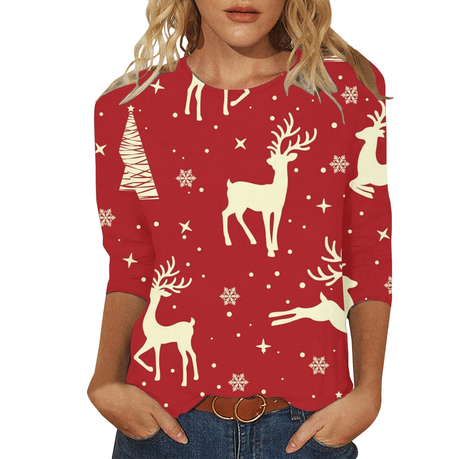 3/4 Sleeve Ugly Christmas Sweaters for Women Fall Fashion 2022 Tunic Tops Loose Casual Crewneck Christmas Sweatshirts