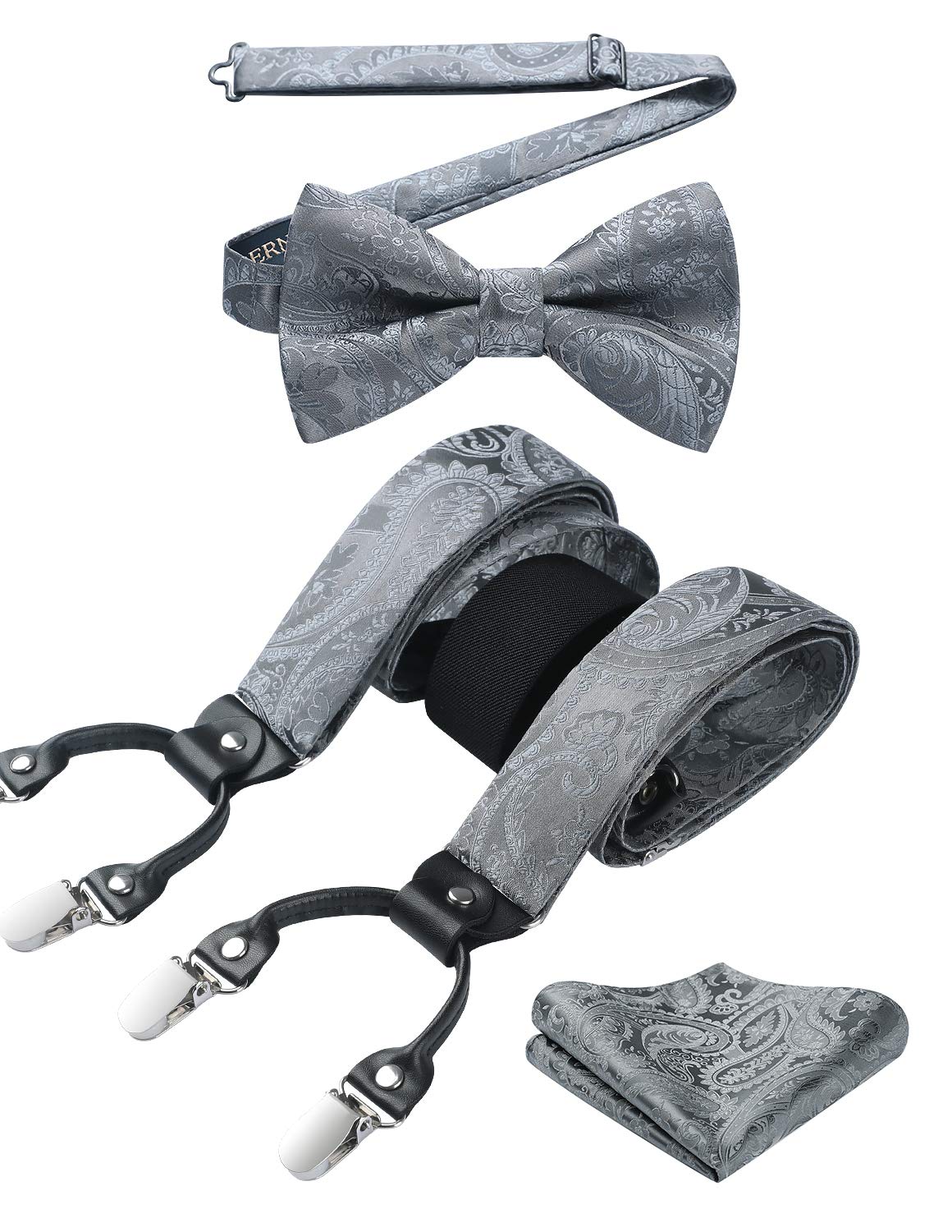 HISDERN Bretels voor heren, 3,5 cm, met 6 extra sterke clips in Y-vorm, elastisch, in lengte verstelbaar, 130 cm, vlinderdas en bretels, set van 3 voor mannen, Goud geruit, Eén Maat