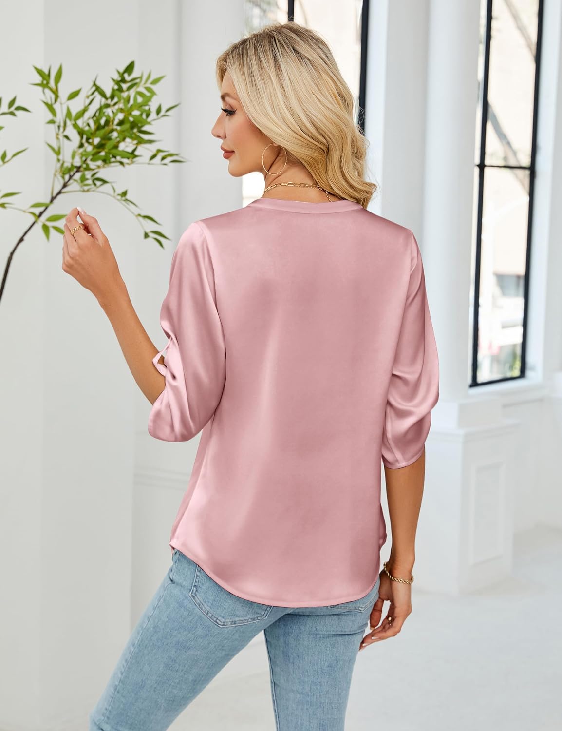 Blooming Jelly Womens Button Down Shirts 3/4 Sleeve Dressy Casual Tops Pleated Satin Silk Business Blouses 2026 - Image 3