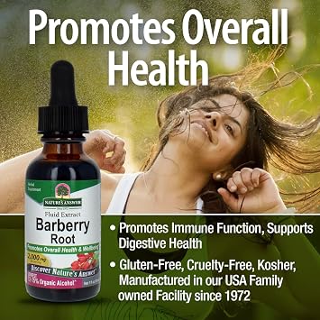 Nature's Answer Barberry جذر البرباريس العضوي المجفف 1 أونصة - مكملات البرباريس مع البربارين، عضوي منخفض الكحول، خالي من الغلوتين، كوشير، مستخلص السوائل - دعم المناعة والجهاز الهضمي