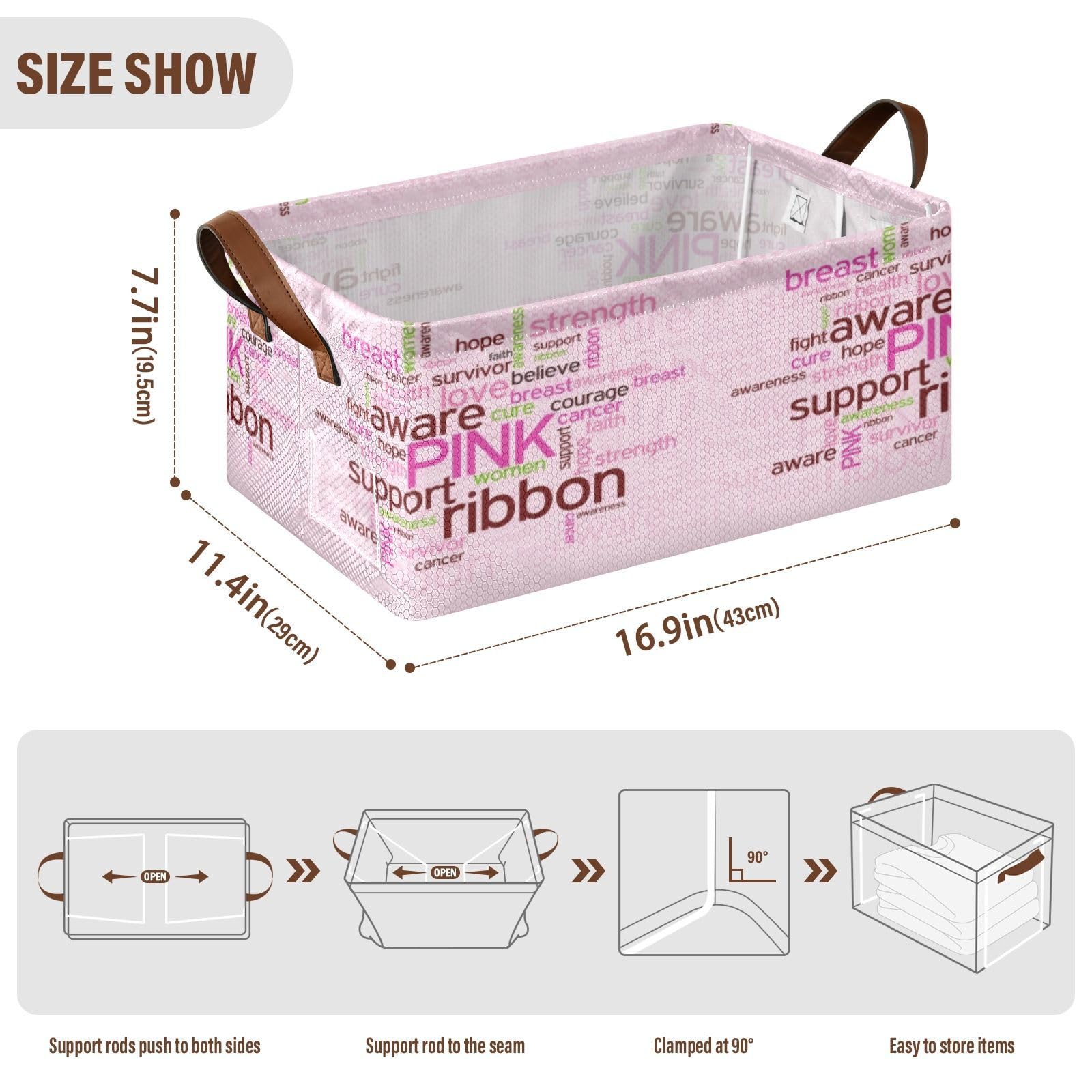 Fygkptb Breast Cancer Ribbon Words Support Love Hope Strength in Pink Style 1 PC Rectangle Foldable Frame Basket Leather Handles Storage Bin for Laundry Bathroom Organizer 16.9 x 11.4 x 7.7 inch