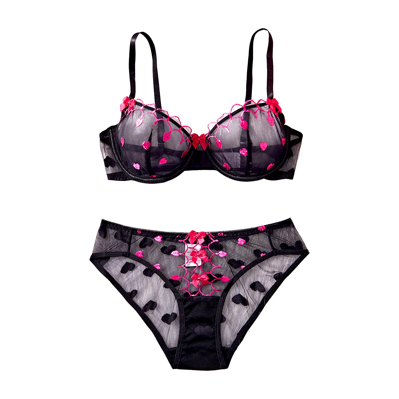 Women's Lingerie Sexy Lace Sheer Heart Embroidered Bra & Panty Set for Women L Black