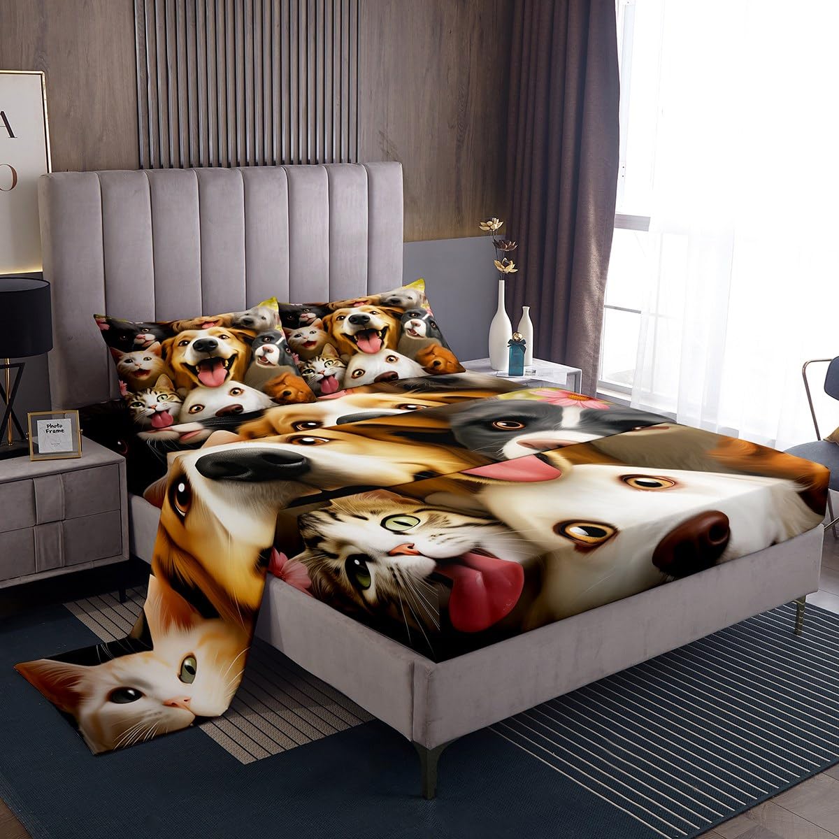 Erosebridal Kids Cartoon Animal Toddler Twin Sheets Kawaii Dog Cat Bed Set for Boys Girls Bedroom Decoration, Cute Kitten Pug Bed Sheets Set Pink Cherry Blossoms Sheet Sets Pet Decor