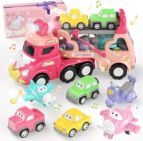 Juguetes para niñas de 1, 2, 3 años, camión de transporte 7 en 1 con luz y música, juguetes para niñas pequeñas de 1 a 3 a 4 años, camiones de