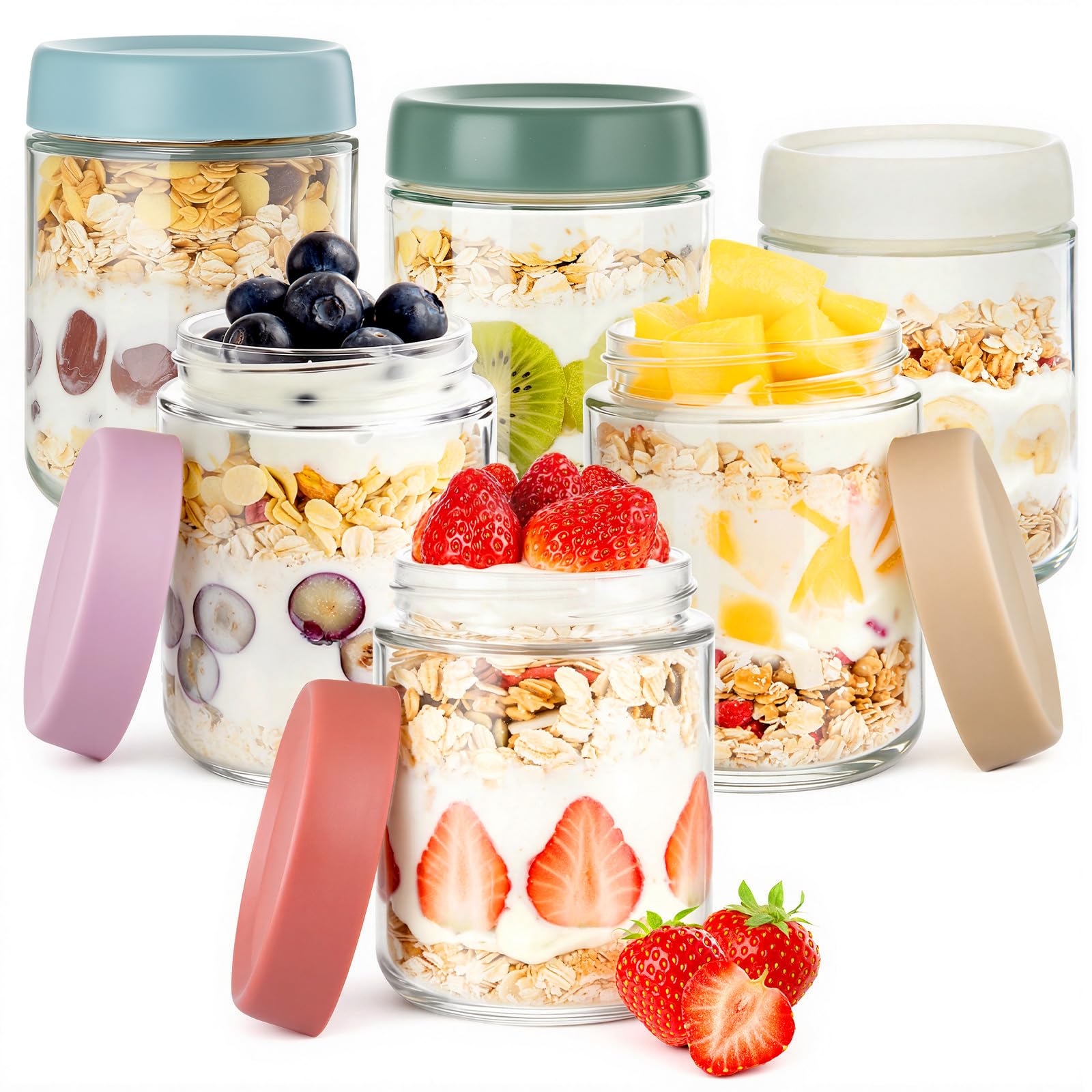 Thyme Space Overnight Oats Jars, 6 pack 500ml/16 oz Overnight Oatmeal Container with Lid for Homemade Yogurt Oatmeal Salad Jam Pudding