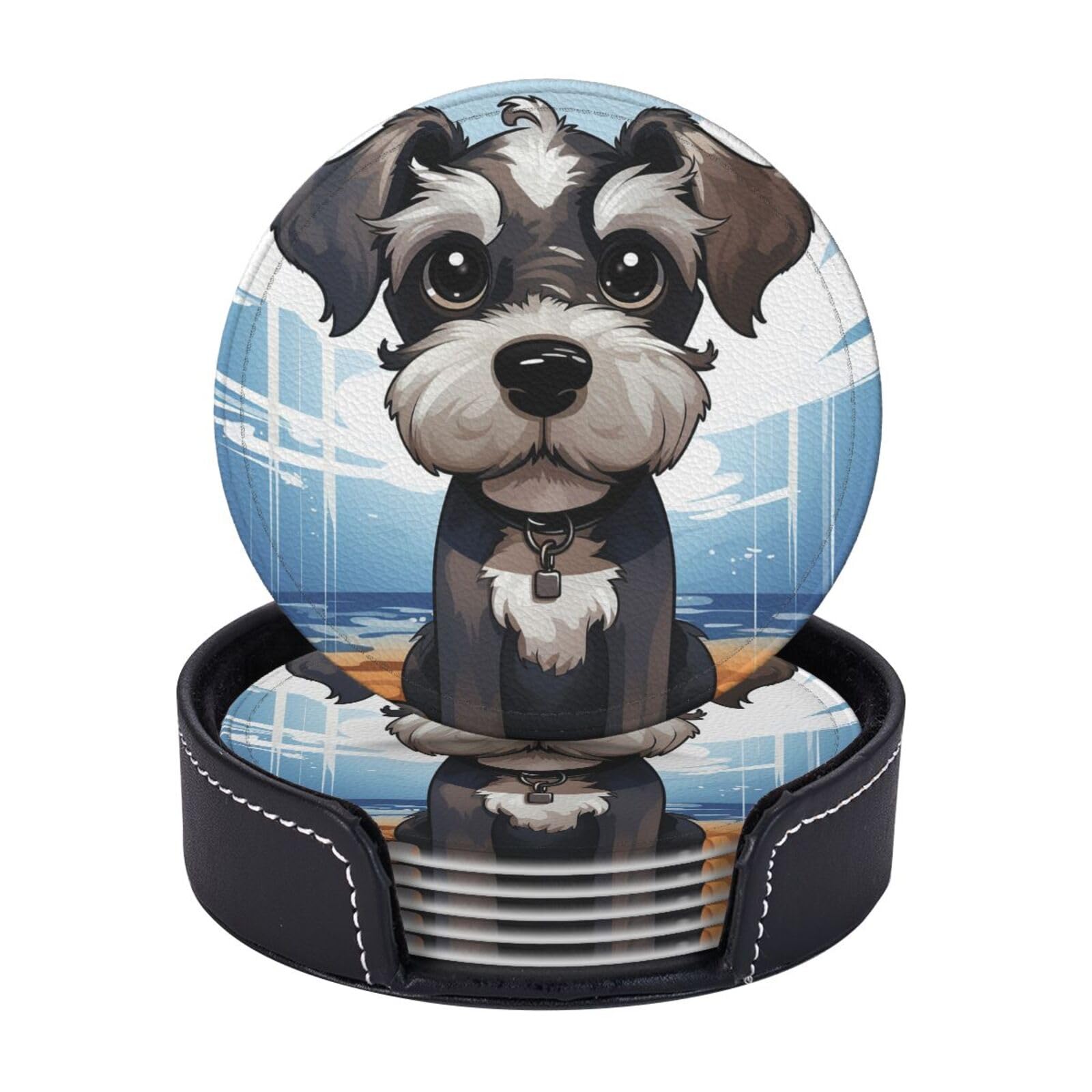 Round Coasters for Drinks Set of 6 - PU Leather Coasters with Holder - Modern Drink Coasters for Coffee Table - Adorable Schnauzer Coaster for Tabletop Protection 4" Cup Mat Pad