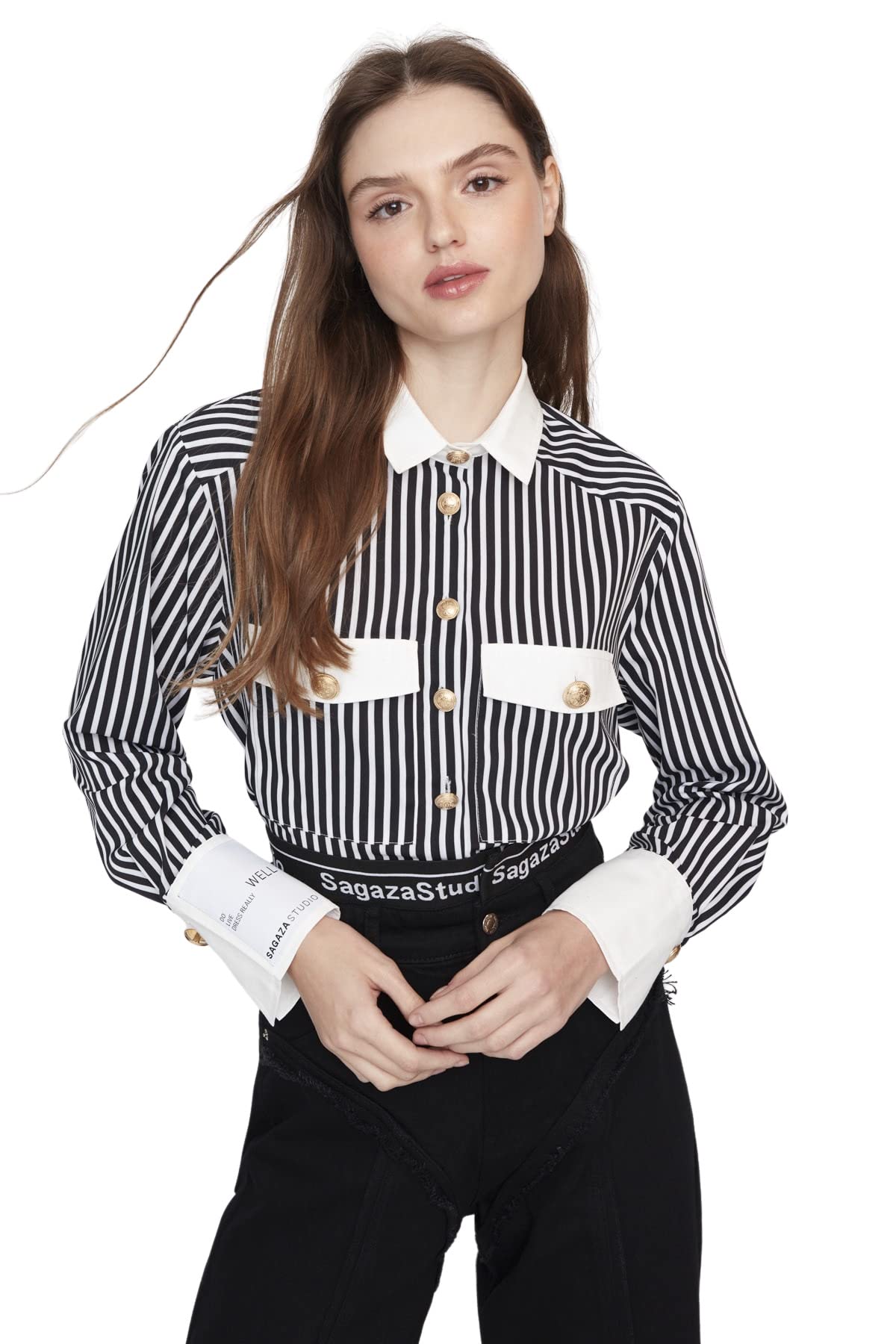 TRENDYOL Women's Damen Gestreift Lange Ärmel Plus Size Hemd Shirt, Black and White, 16