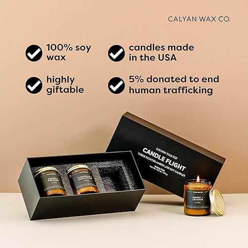 Miniatura 4 de Calyan Wax - Juego de velas de cera de soja, velas perfumadas para hombres, juego de 3 velas perfumadas de cedro, hoja perenne y cuero, 100% cera de