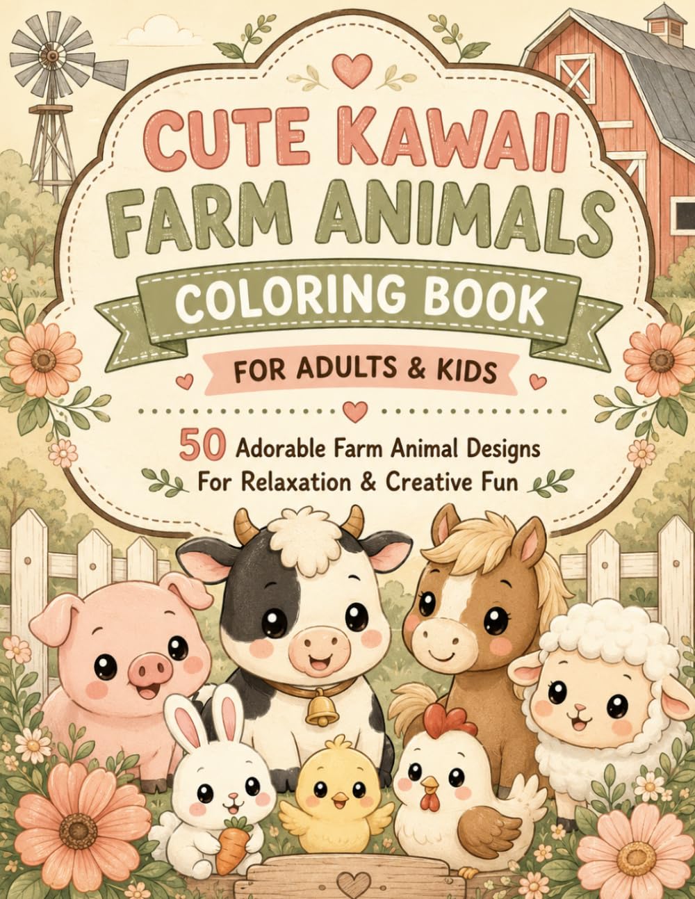 Cute Kawaii Farm Animals Coloring Book for Adults & Kids: Easy and Fun Coloring Pages Featuring Adorable Farm Animals, Cozy Barnyard Scenes, and Relaxing Designs for All Ages
