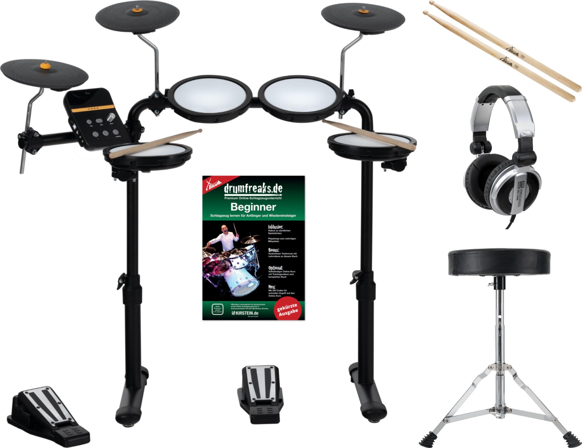 XDrum DD-250 E-Drum kit avec peaux mesh : 4 pads batterie, 3 cymbales, contrôleurs Kick & Snare, rack, baguettes, tabouret, casque et méthode inclus.