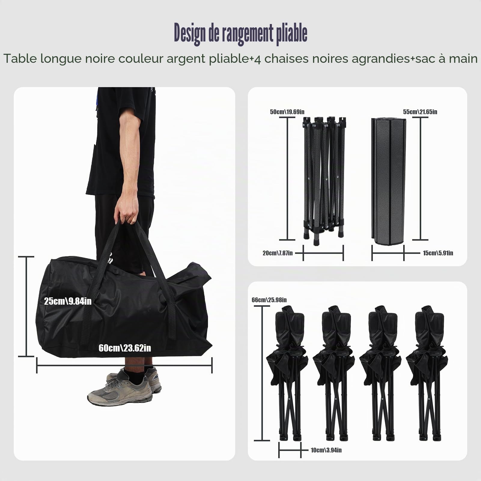 Hislaves Lot de 4 tables de camping pliantes avec chaises, table de pique-nique portable, table de jardin et chaises, ensemble de pêche, barbecue, table de randonnée avec grand organisateur de