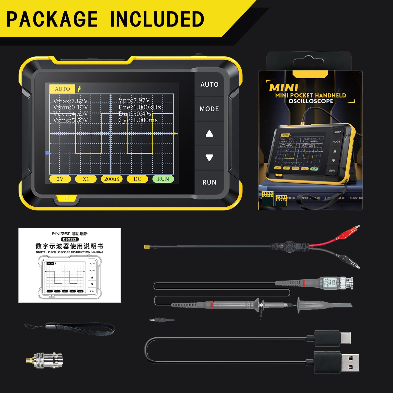 Oszilloskop Handheld, 400V 200 kHz 2,5 MS/s Oszilloskop, Echtzeit-Abtastrate Handoszilloskop mit OTA-Upgrade-Funktion, Tasche Oszilloskop für Einsteiger, Tragen Oszilloskop-Instrument