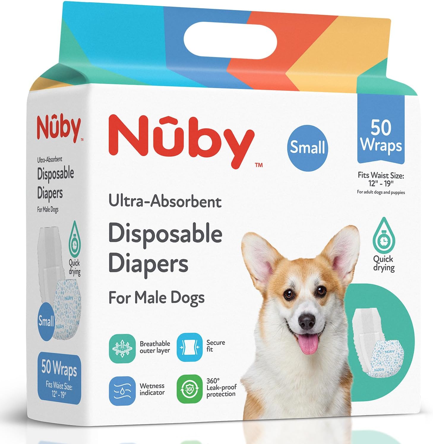 Nuby Pets Disposable Male Dog Wraps with Wetness Indicator, Absorbent & Leak-Resistant Belly Bands for Male Dogs, Small (12–19" Waist), 50 Count