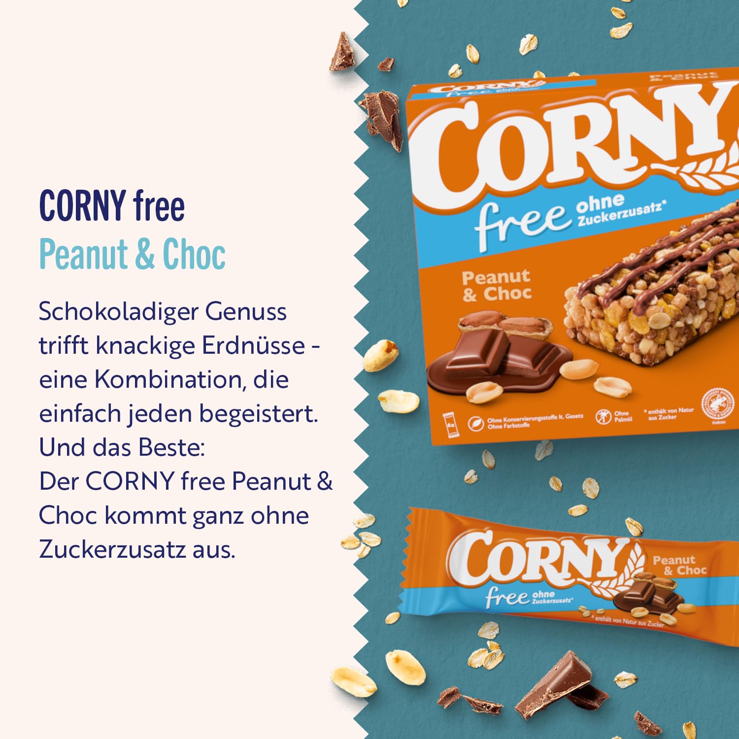 Müsliriegel Corny Free Erdnuss-Schoko | Ohne Zuckerzusatz | 74 kcal | 60 x 20 g