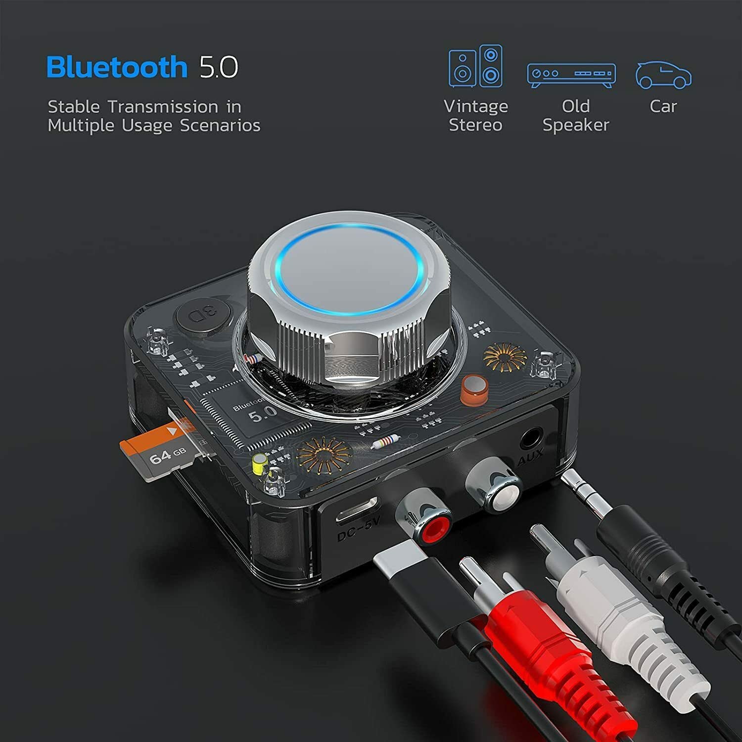 Récepteur Bluetooth USB 5.0 2,4 GHz sans fil 3,5 mm AUX vers adaptateur audio stéréo 2RCA