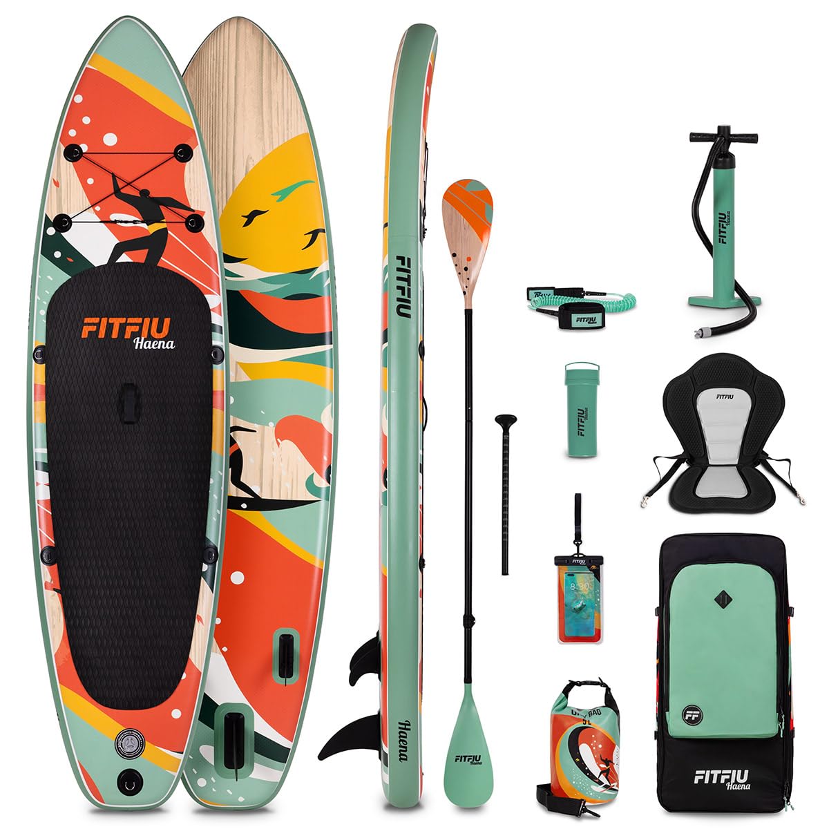 FITFIU Fitness HAENA – Tabla Paddle Surf Hinchable con Kit Completo, Tabla Sup con Doble Remo Ajustable, Bomba infladora, 3 Aletas + Accesorios, Tabla de Stand Up Paddling 320x81x15cm