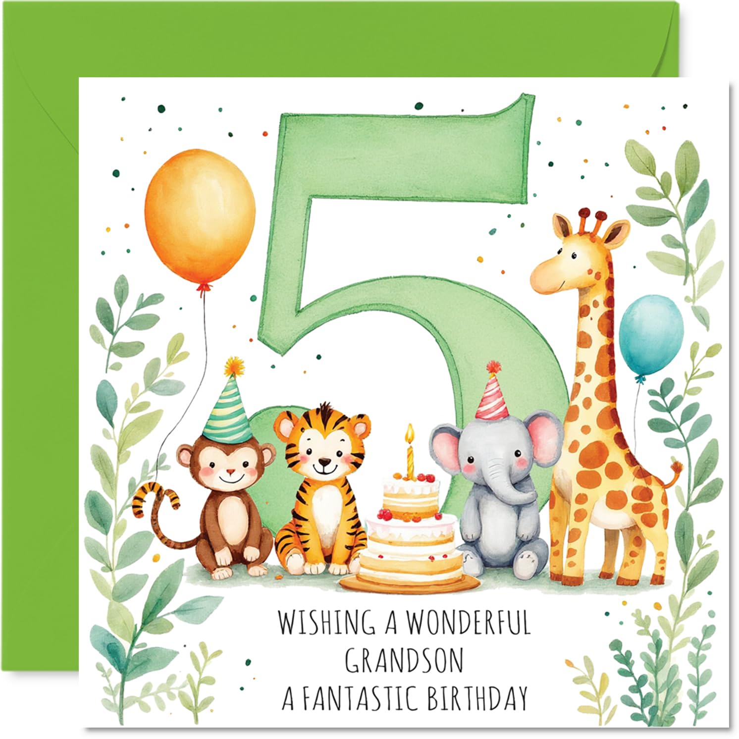 Playful 5th Birthday Card for Grandson - Bursting with Birthday Fun - Colourful Animals, Cake and Balloons Design - 145mm Square, Envelope Included