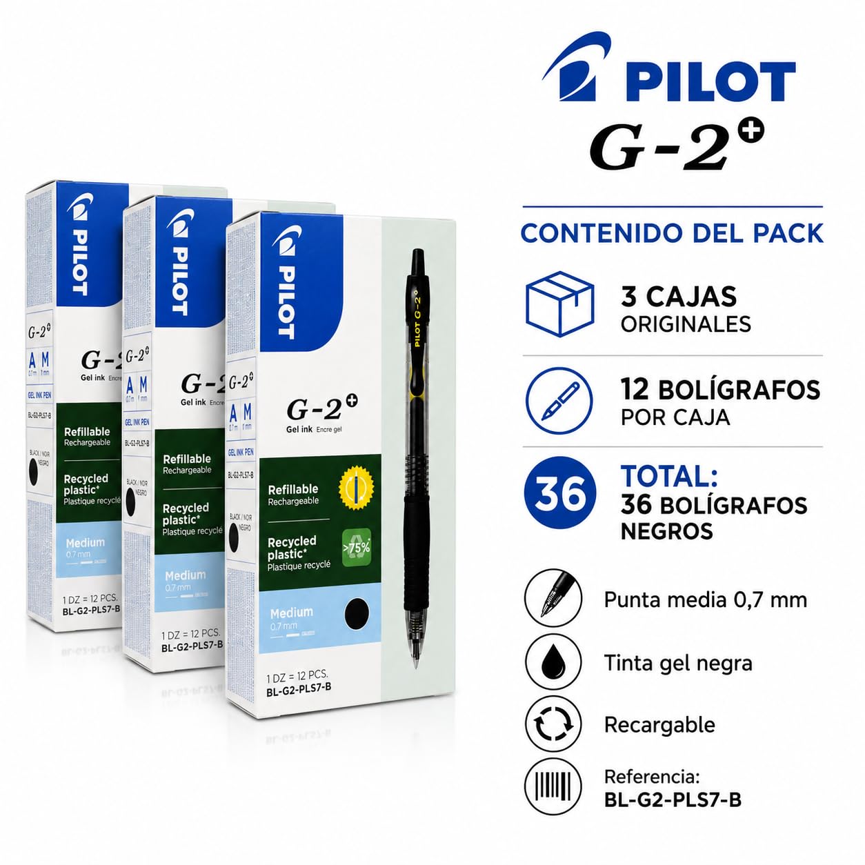 PILOT G-2+/Plus 0.7 Negro – Pack de 3 Cajas de 12 Bolígrafos Gel, 36 Bolígrafos en Total Tinta Negra