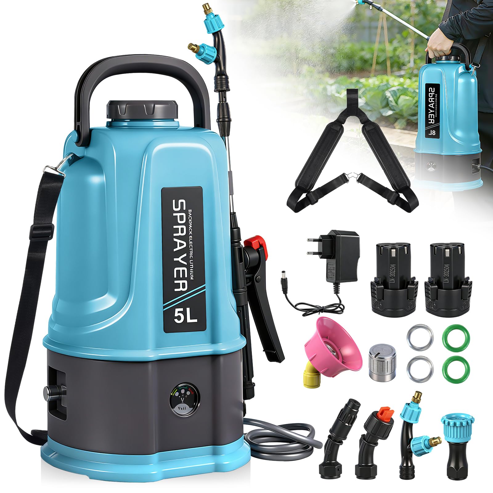 Pulverisateur Electrique 5L,45PSI Pulvérisateur de Jardin Compatible avec Makita 12V Batteries,Pulvérisateur à Batterie avec 5 Buses Reglables,Lance Télescopique,2.0 Ah Batterie,Chargeur