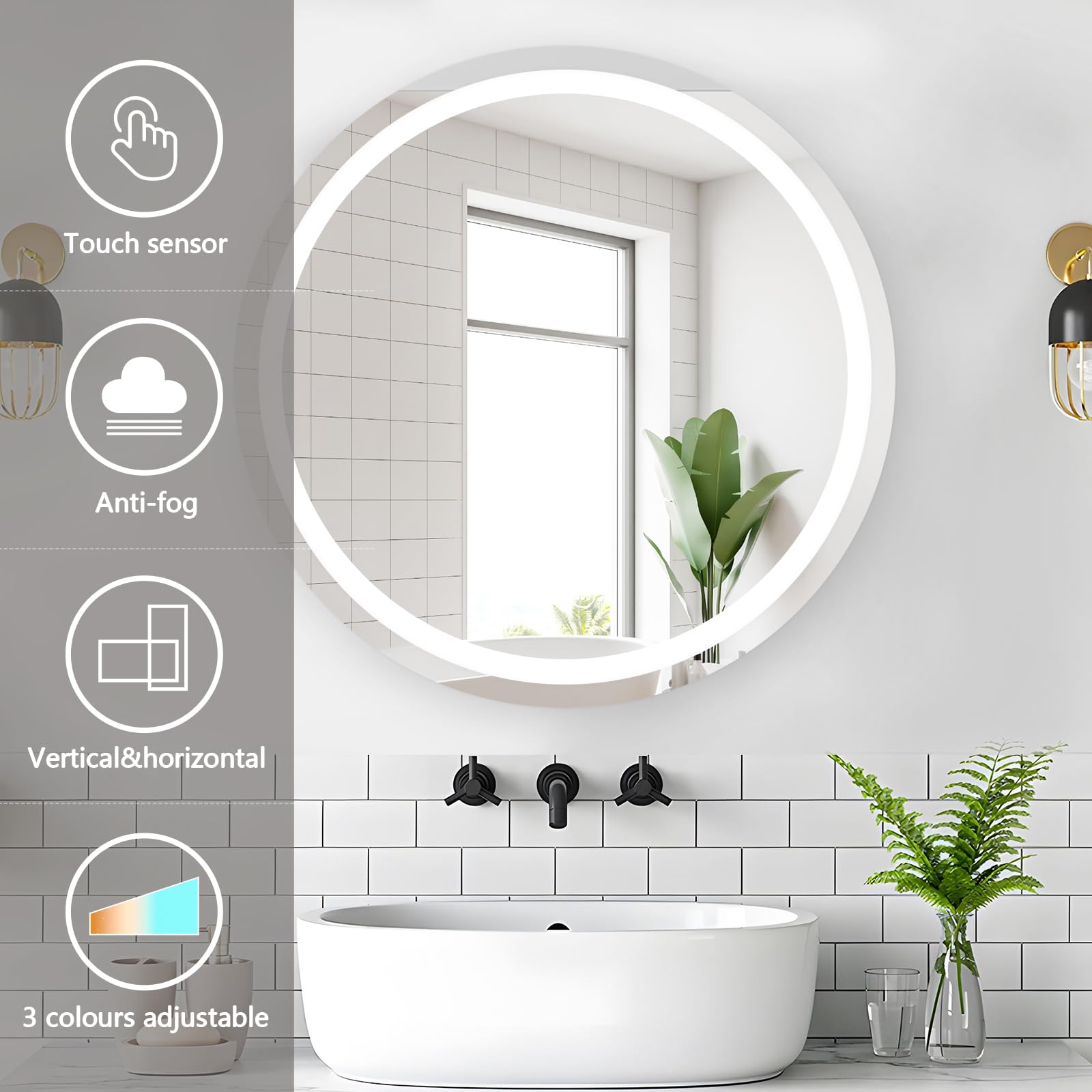 Okrągłe lustro łazienkowe z oświetleniem LED 600mm, podświetlane lustro łazienkowe LED montowane na ścianie, lustro toaletowe z odmgławiaczem, przeciwmgielne duże okrągłe lustro do makijażu, 3