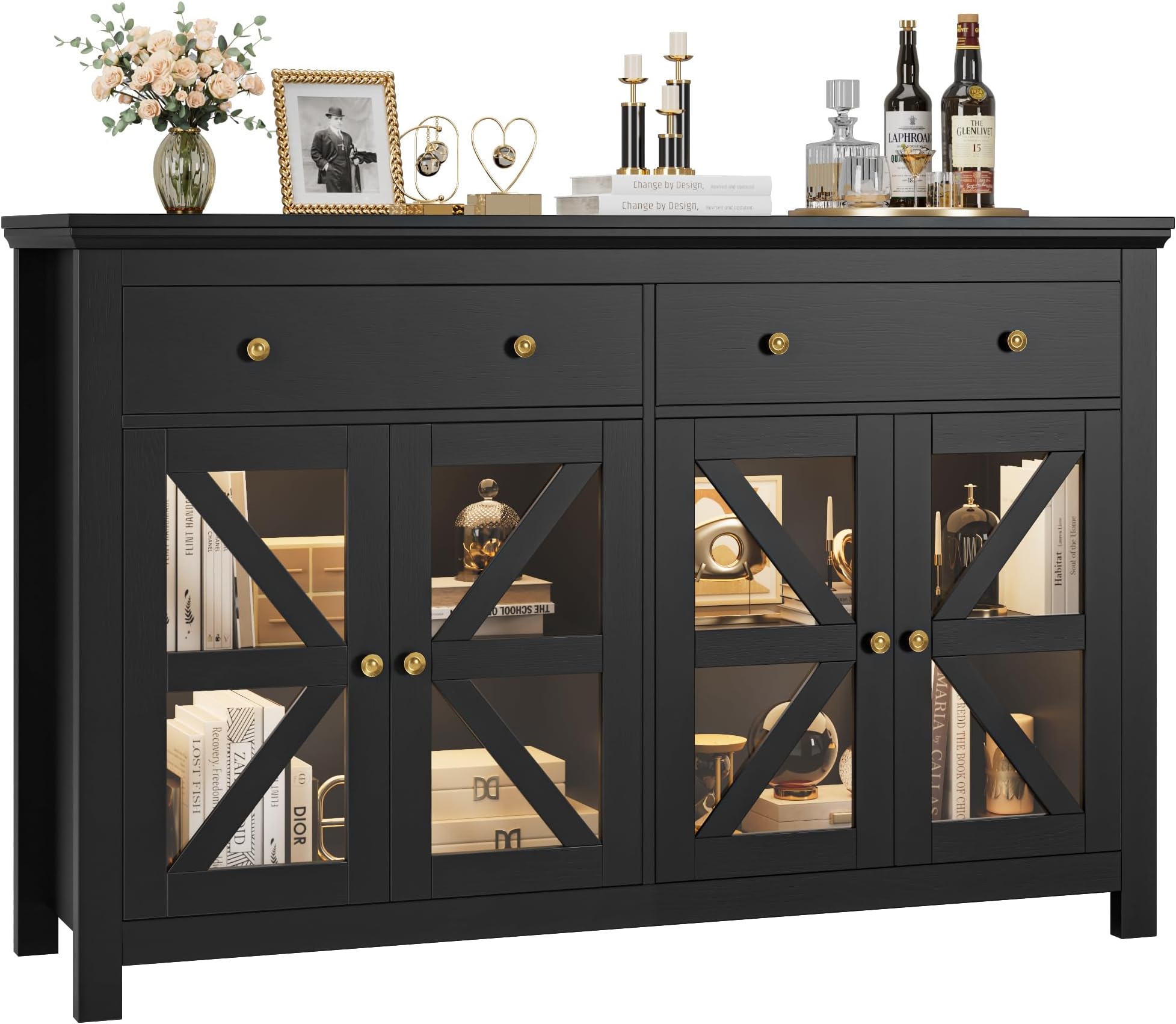 FOTOSOK Black Buffet Cabinet with Storage, 55.1" Large Sideboard Cabinet Kitchen Cabinet with 2 Drawers and 4 Glass Doors, Black Coffer Bar Cabinet Buffet Table for Dining Living Room