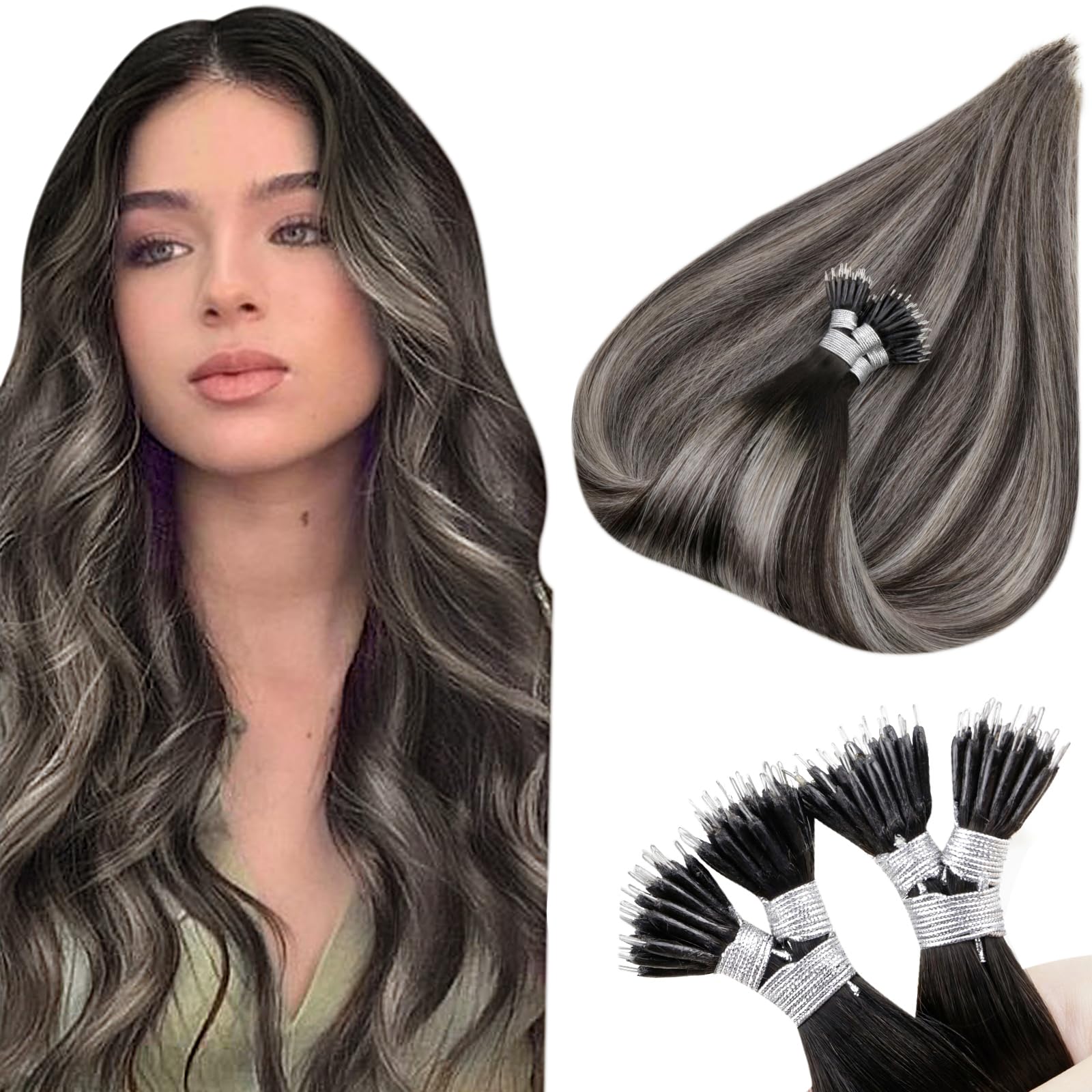 Hetto Nano Hair Extensions Real Human Hair Black Ombre Silver 22 Inch, Invisible Nano Beads Hair Extension