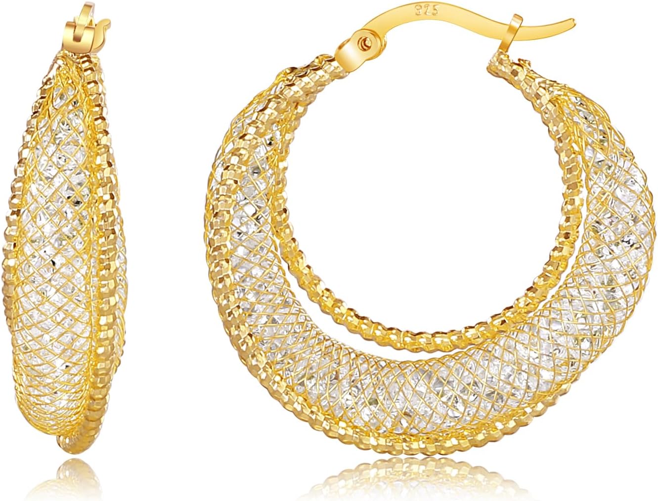14K Gold Plated 23.5–30mm Lightweight Mesh Hoop Earrings for Women, Cubic Zirconia, 925 Sterling Silver Post, Hypoallergenic