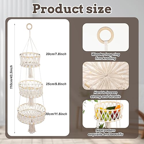 Miniatura 3 de Cesta colgante de 3 niveles, cestas de frutas colgantes para organizador de almacenamiento de cocina, soporte de algodón multicapa para productos