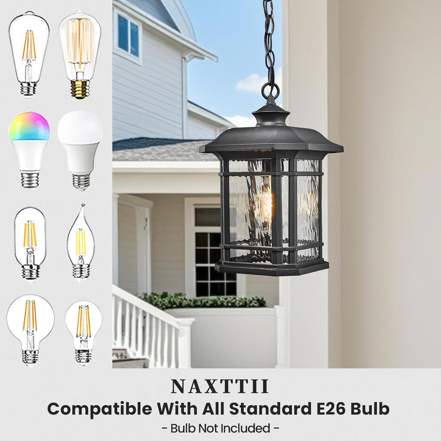 Outdoor Pendant Light Fixture Hanging Porch Light with Adjustable Chain Aluminum Frame with Tempered Water Ripple Glass Hanging Lantern for Front Door Porch Garden and Backyard