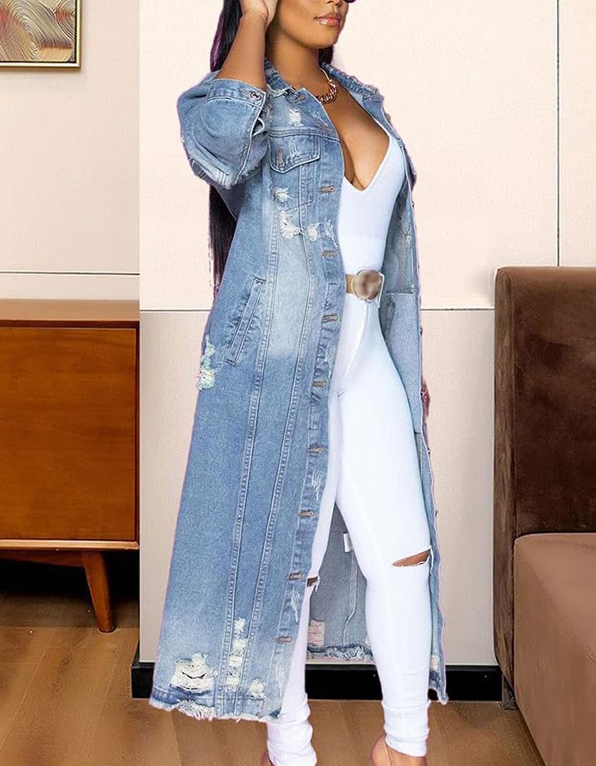 Femme Veste en Jean Longue Élégante Manteau en Jean Denim Simple Boutonnage Déchiré Vintage Veste de Transition Veste décontractée avec Boutons